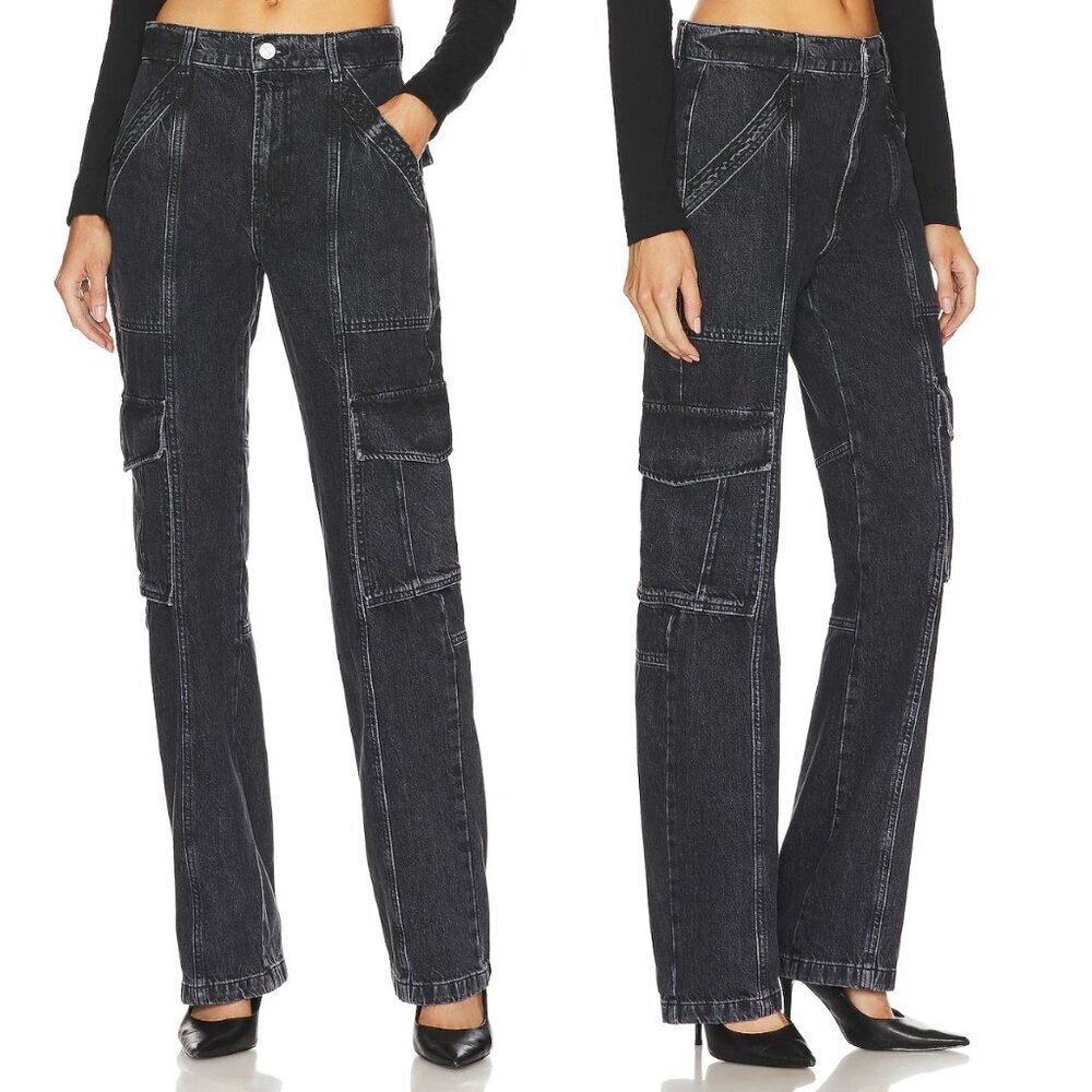 Frame High Rise Utility Cargo Straight Leg in Astray Black Wash, size 30